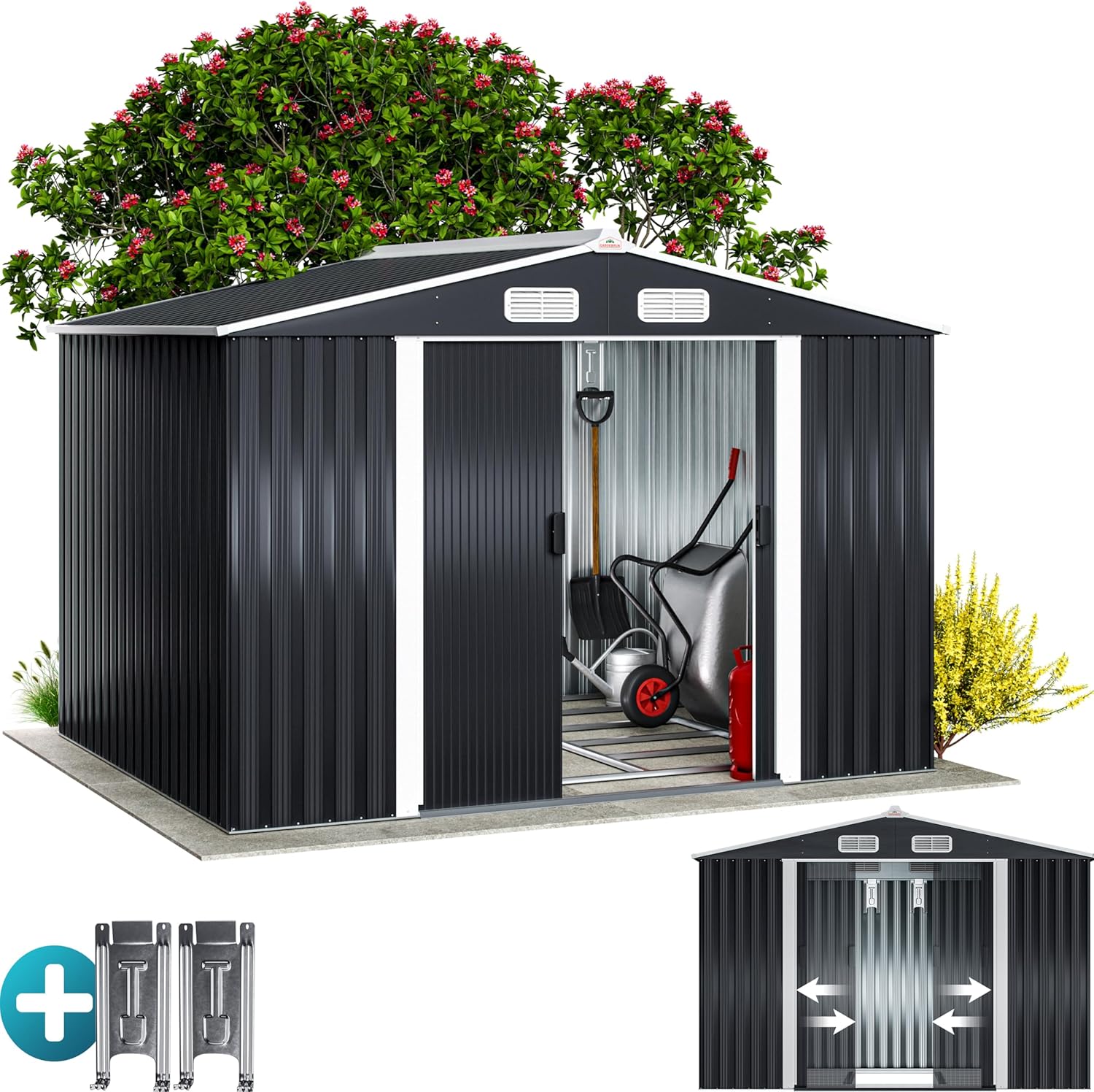 GARDEBRUK® Abri de Jardin métal XXL 5m² Fondation 260x205x180cm Porte coulissante Anthracite cabane de Jardin cabanon Rangement Outils 9m³