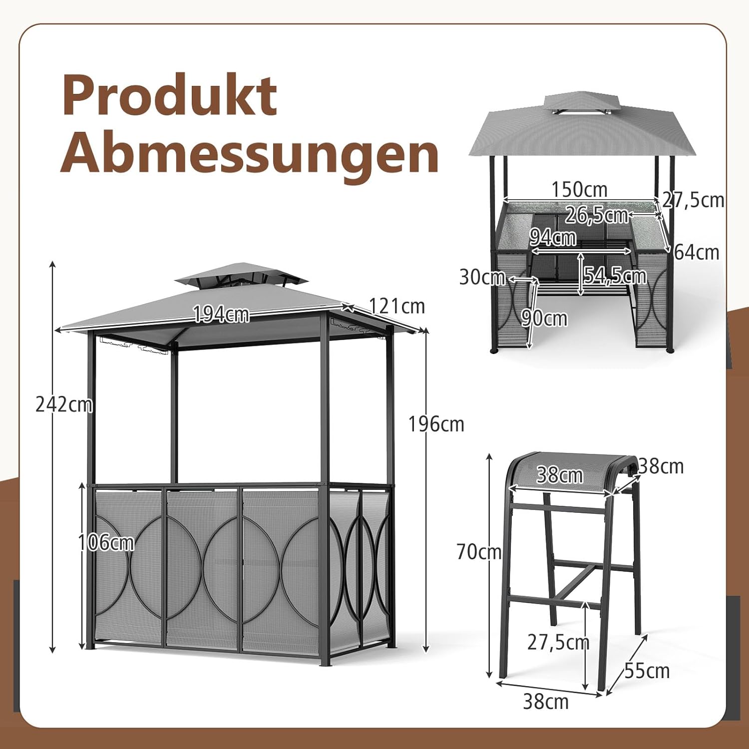 3 Pcs Abri Barbecue avec Bar d'Extérieur,Table de Bar en Verre Trempé, 2 Tabourets, Porte-Verres, Abri de Grill à Double Toit pour Jardin, Piscine, Cour,194 x 121 x 242CM (Gris-1) Gris 194x121x242CM- 2 Tabourets