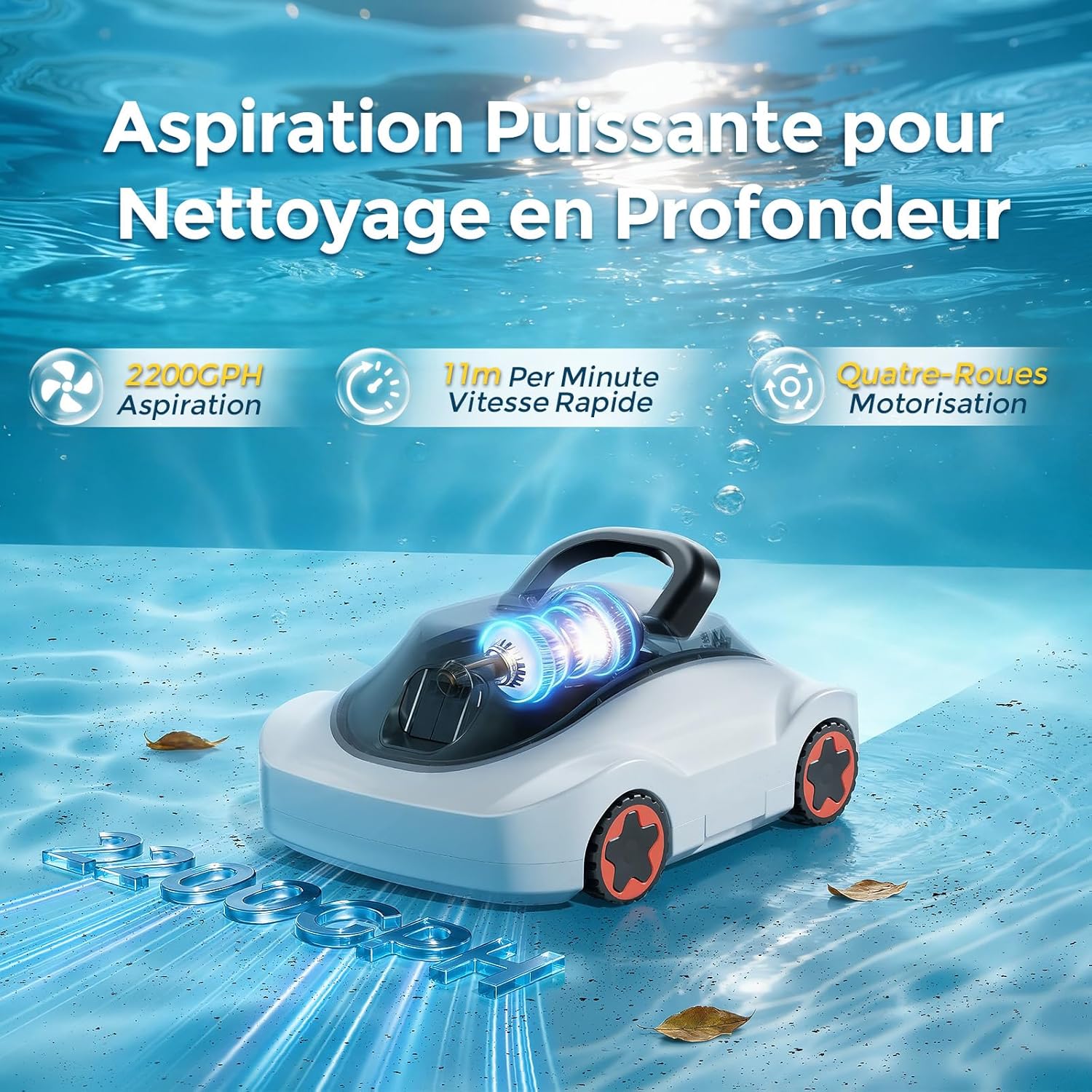Robot Piscine, Aspirateur Piscine sans Fil, 180 Min d'Autonomie, Aspiration Puissante, Navigation Intelligente, Filtration Ultra-Fine, Auto-Parking, Robot Piscine sans Fil pour Piscines Hors Sol 200m² Blanc