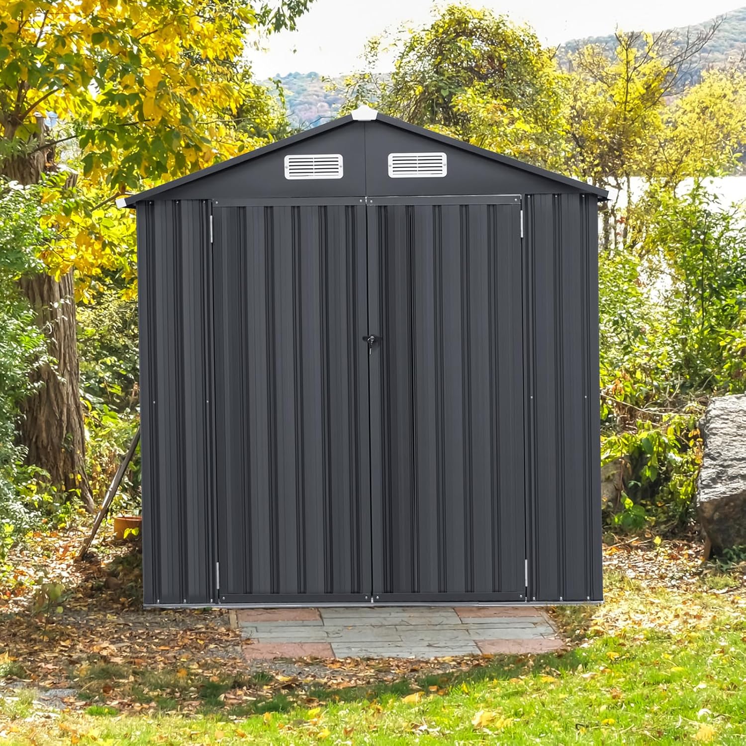 Abri de Jardin Métal Galvanisé 3,4 m³,Double Porte Verrouillable avec Clé, Cabane de Jardin Exterieur, Abri Rangement Exterieur pour Vélo, Poubelle, Outil