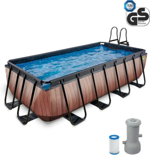 Piscine Tubulaire Rectangulaire 400 x 200 x 100 cm avec Pompe Filtrante – Piscine Hors Sol pour Familles et Enfants – Bassin Acier TÜV CE en 16582 – Wood – Marron