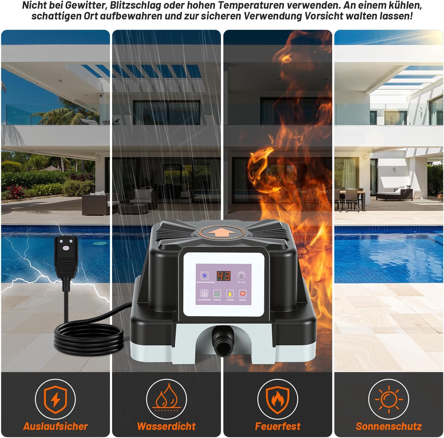 Chauffage électrique de piscine 3 kW avec affichage numérique, protection FI, protection anti-basculement, boîtier difficilement inflammable, raccord de 32 à 38 mm, chauffe jusqu'à 45 °C