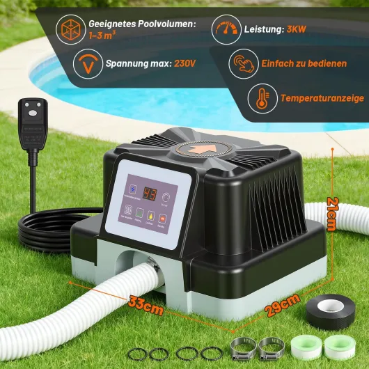Daromigo Chauffage de piscine électrique 3000 W avec affichage numérique, réglage de la température 37-45 °C, chauffage de piscine pour piscines hors-sol jusqu'à 3 m³, avec protection FI et protection