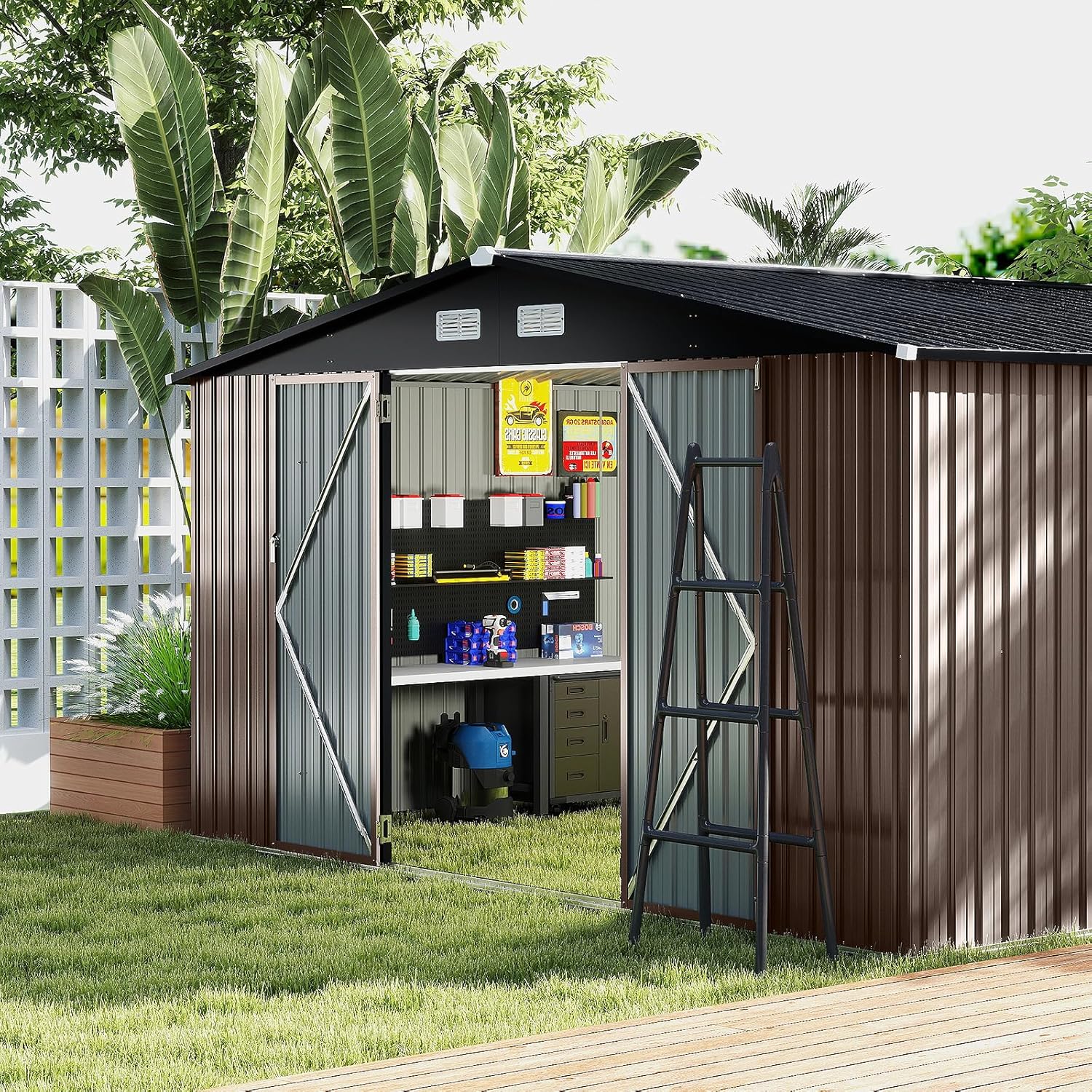 Abri de Jardin Métal 12 m², Toit Double Pente, Double Porte Verrouillable avec Clé, 4 Aérations, Cabane de Jardin Exterieur pour Vélo, Poubelle, Outil, Anthracite (12 m²)