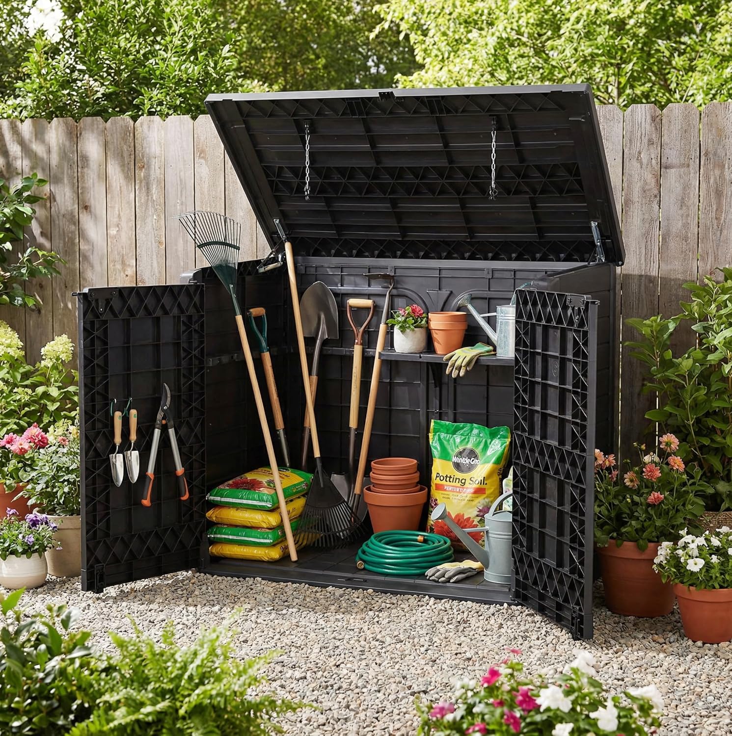 StoreAway 1200L Plastic Garden Shed/ Flat Lid, Outdoor Storage Shed, Wheelie Bin Hideaways, Wheelie bin box, Durable Construction, Ideal for Bikes, BBQs & 2x 240L Bins, 145x85x125 cm, Brown Flat Lid Marron 1200L