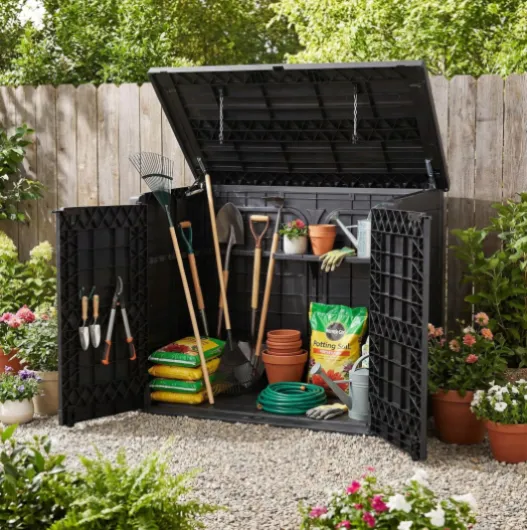 StoreAway 1200L Plastic Garden Shed/ Flat Lid, Outdoor Storage Shed, Wheelie Bin Hideaways, Wheelie bin box, Durable Construction, Ideal for Bikes, BBQs & 2x 240L Bins, 145x85x125 cm, Brown Flat Lid Marron 1200L