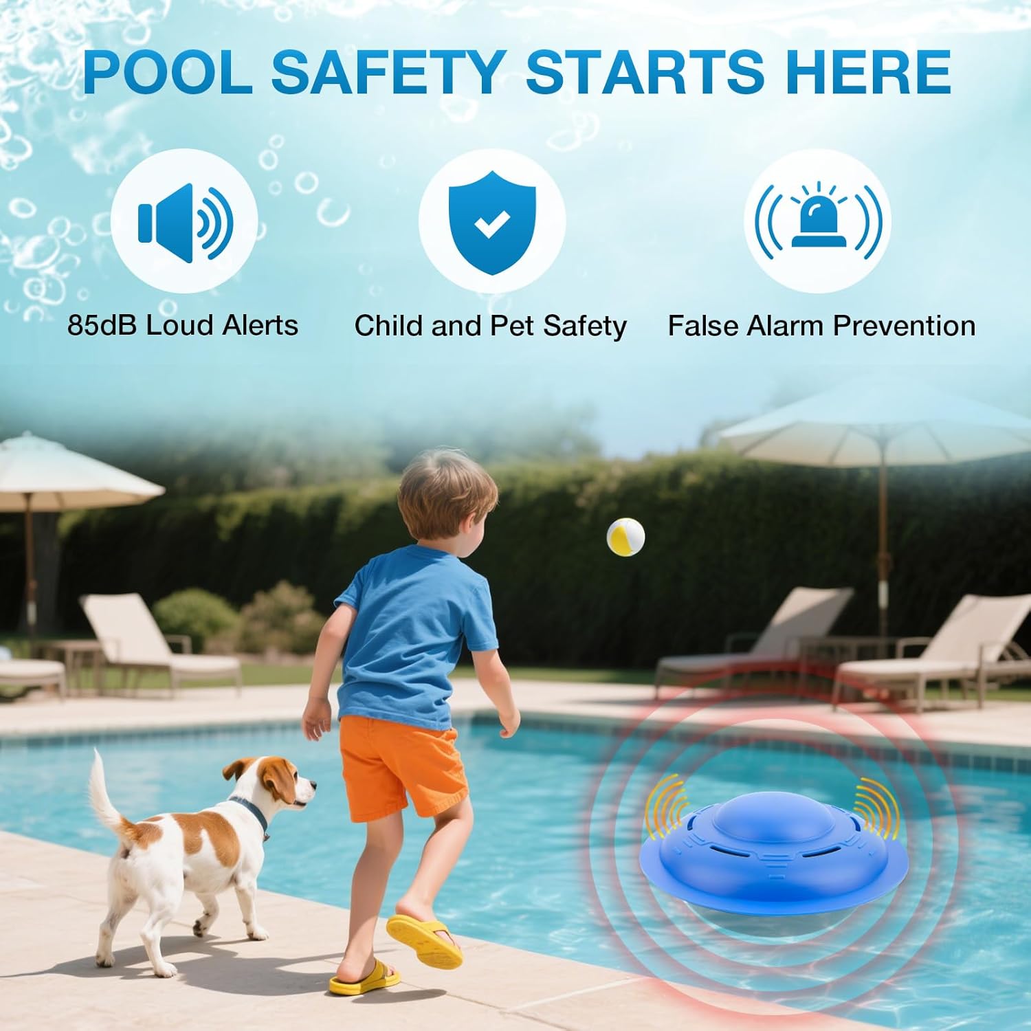 Alarme de piscine pour piscines creusées et hors sol, alarme de sécurité flottante avec alerte forte, sensibilité réglable, protection facile pour enfants et animaux domestiques, système de sécurité Bleu
