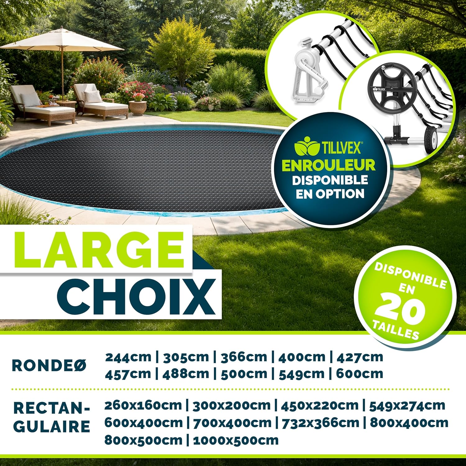 Tillvex® Bâche Solaire de Piscine, 400 µm, rectangulaire, 732 x 366 cm, Film Thermique à découper, pour réchauffer l'eau de la Piscine 732x366 cm Noir