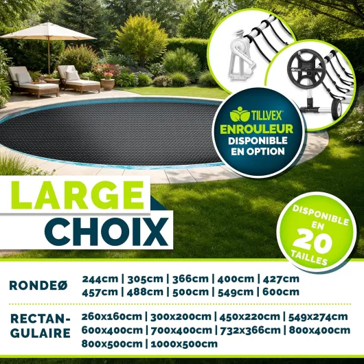 Tillvex® Bâche Solaire de Piscine, 400 µm, rectangulaire, 732 x 366 cm, Film Thermique à découper, pour réchauffer l'eau de la Piscine 732x366 cm Noir