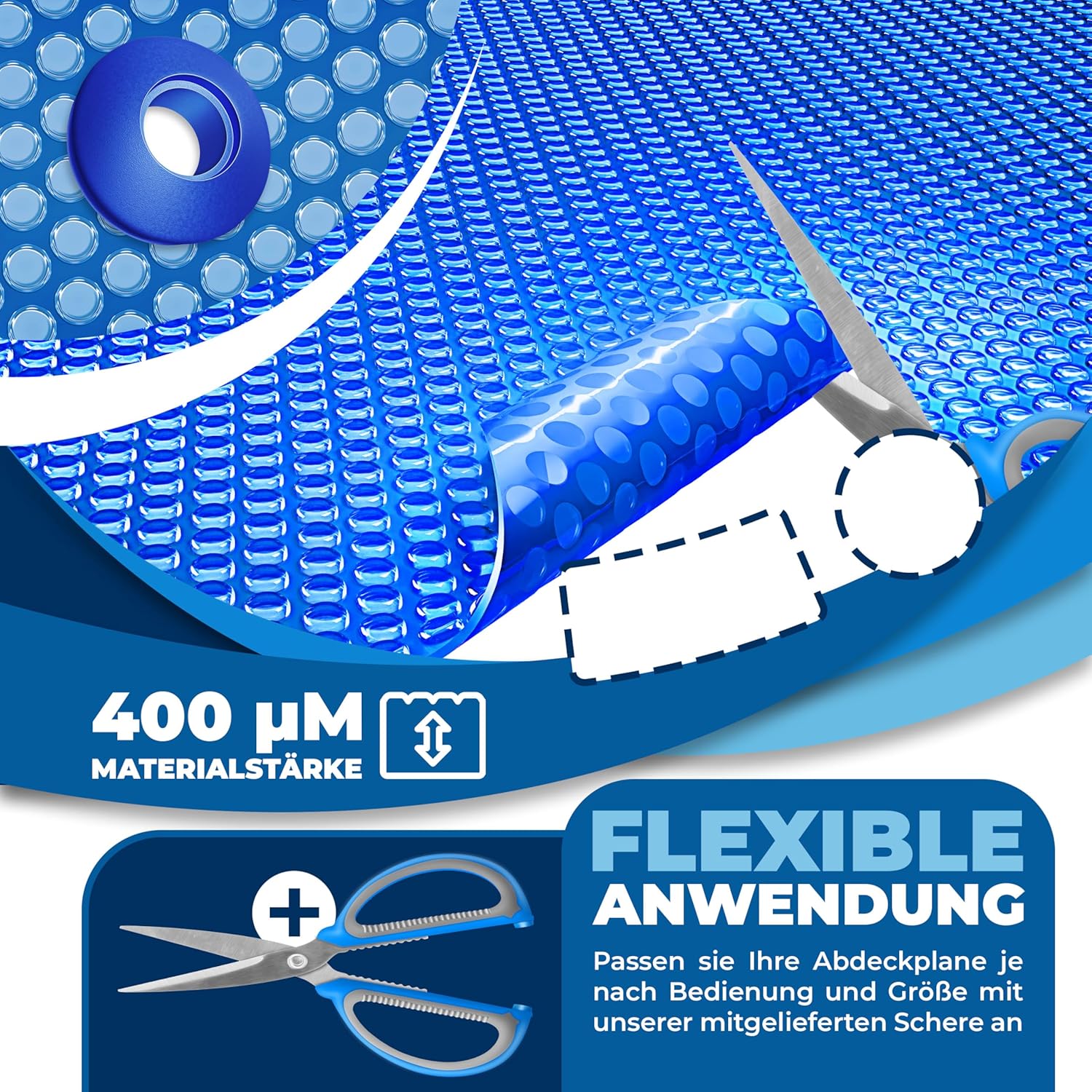 KESSER® Film solaire de piscine 400 µm, Bâche solaire ronde 600 cm, Bâche de protection solaire flexible à découper, Bâche pour chauffage de l'eau, Couverture solaire avec ciseaux, pince perforée et
