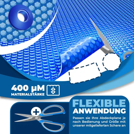 KESSER® Film solaire de piscine 400 µm, Bâche solaire ronde 600 cm, Bâche de protection solaire flexible à découper, Bâche pour chauffage de l'eau, Couverture solaire avec ciseaux, pince perforée et