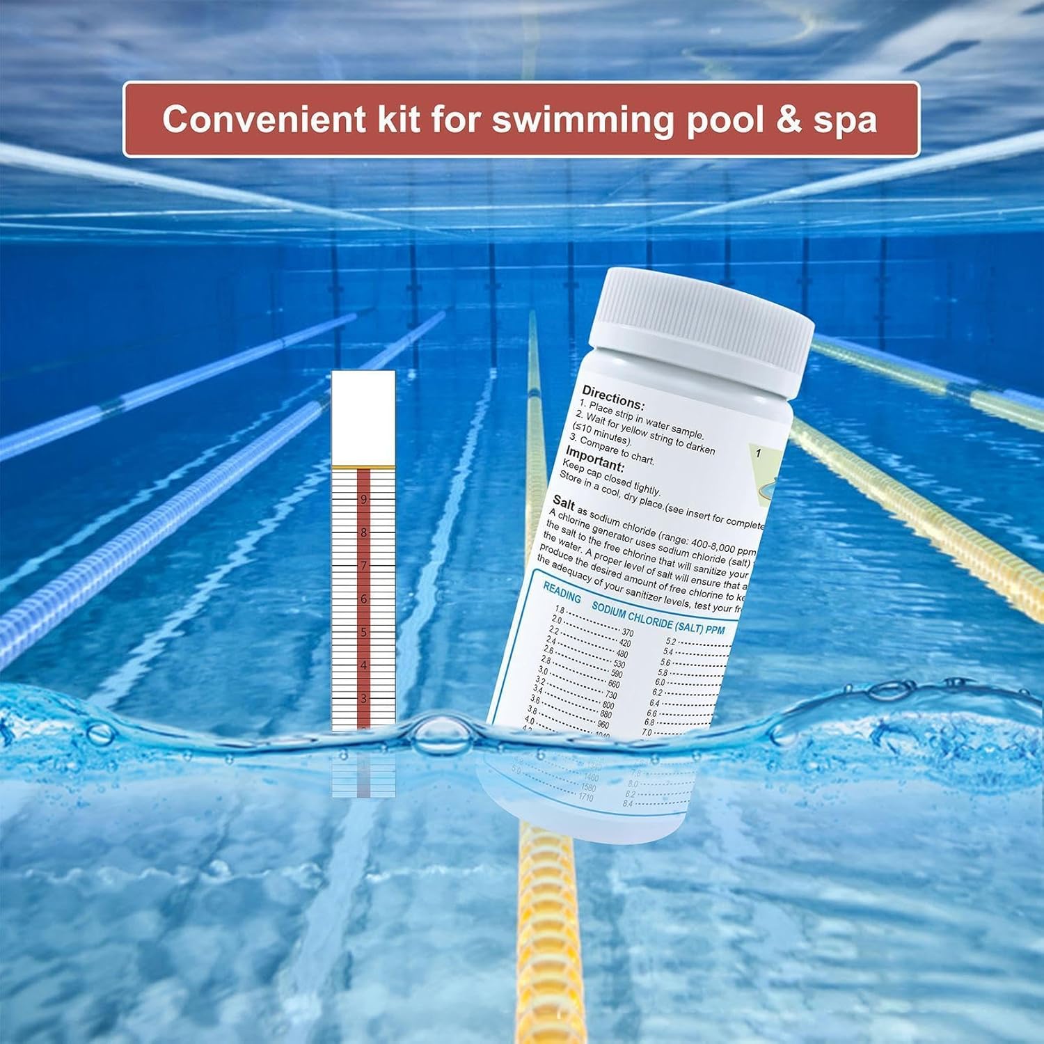 Bandelette Test Sel Piscine, 10 Pièces Test Eau Salée, Bandelette Sel Piscine, Papier Détection Teneur En Chlorure Sodium,Fournitures D'analyse De L'eau Pour Bain À Remous, Spa Et, Mesure Précise