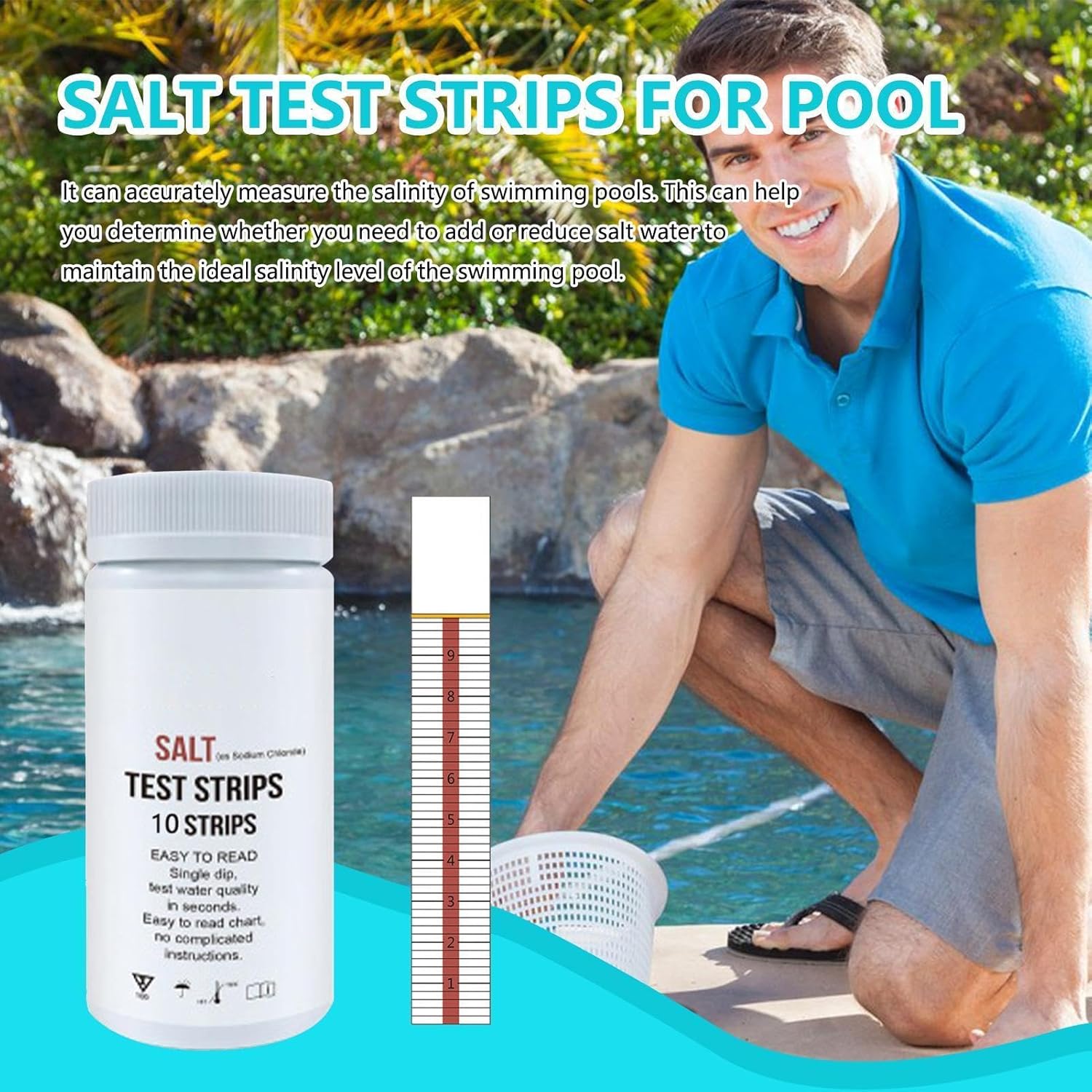 Bandelette Test Piscine Au Sel – 10 Pièces Tests D’Eau Salée Pour Piscine Et Spa, Rapides Bandes De Test De Sel Pour Bain À Remous - Détection Teneur En Chlorure Sodium, Testeur Chlore Eau De Piscines