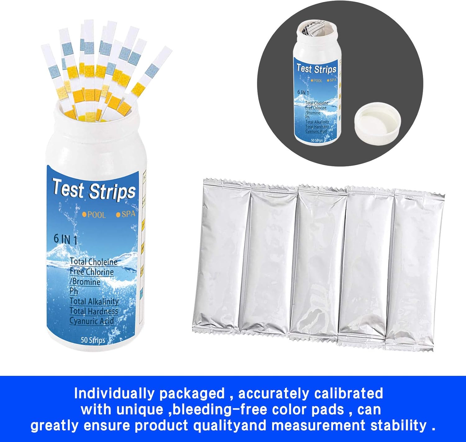Bandelettes de Test pour Piscine et Thermes, Lot de Bandelette Piscine 6 en 1 pour Papier ph Bandes Test Qualité d'eau sur Chlore Total Chlore Libre Alcalinité Acide Cyanurique Dureté du Liquide