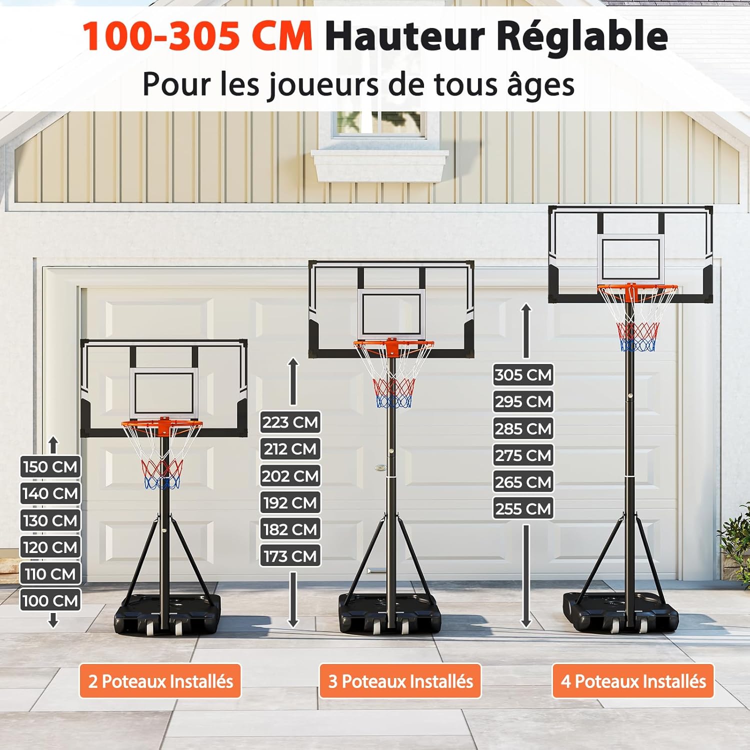 Panier de Basket Mobile Portable pour Enfants Adultes, 18 Hauteurs Réglables 100-305cm, Utilisation Intérieure et Extérieure, Base Remplissable d'eau ou de Sable, Panneau Incassable