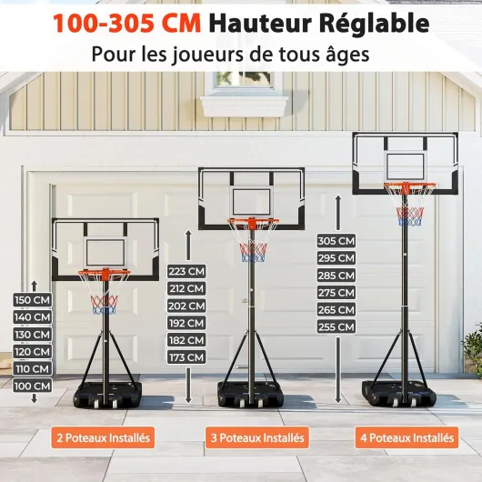 Panier de Basket Mobile Portable pour Enfants Adultes, 18 Hauteurs Réglables 100-305cm, Utilisation Intérieure et Extérieure, Base Remplissable d'eau ou de Sable, Panneau Incassable