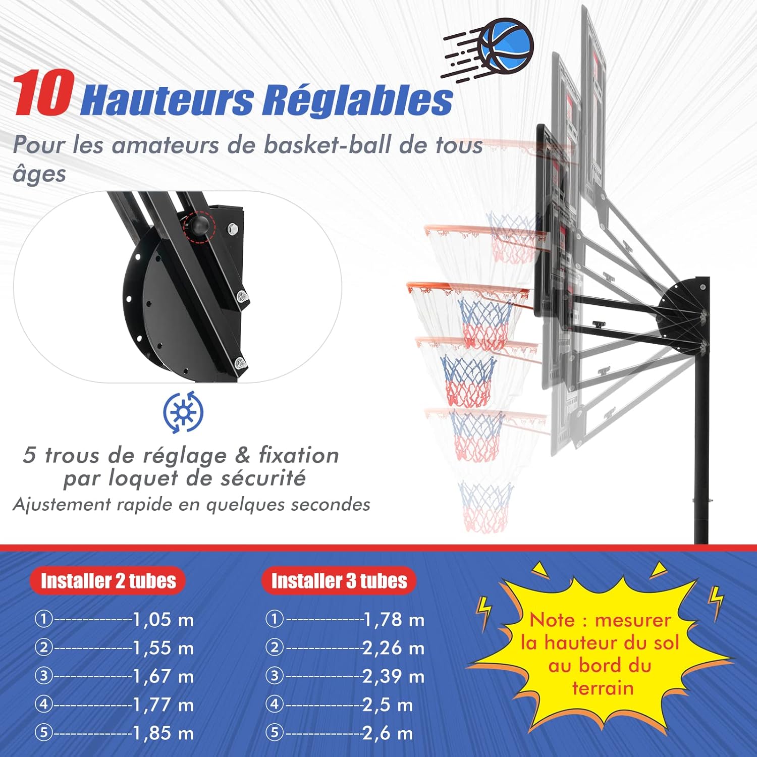 Panier de Basketball sur Pieds avec Hauteur Réglable de 1,55 à 3,1 m, Support de Basketball Portable avec Panneau Arrière en Pet, Base Stable, Intérieure Extérieure pour Enfants et Jeunes