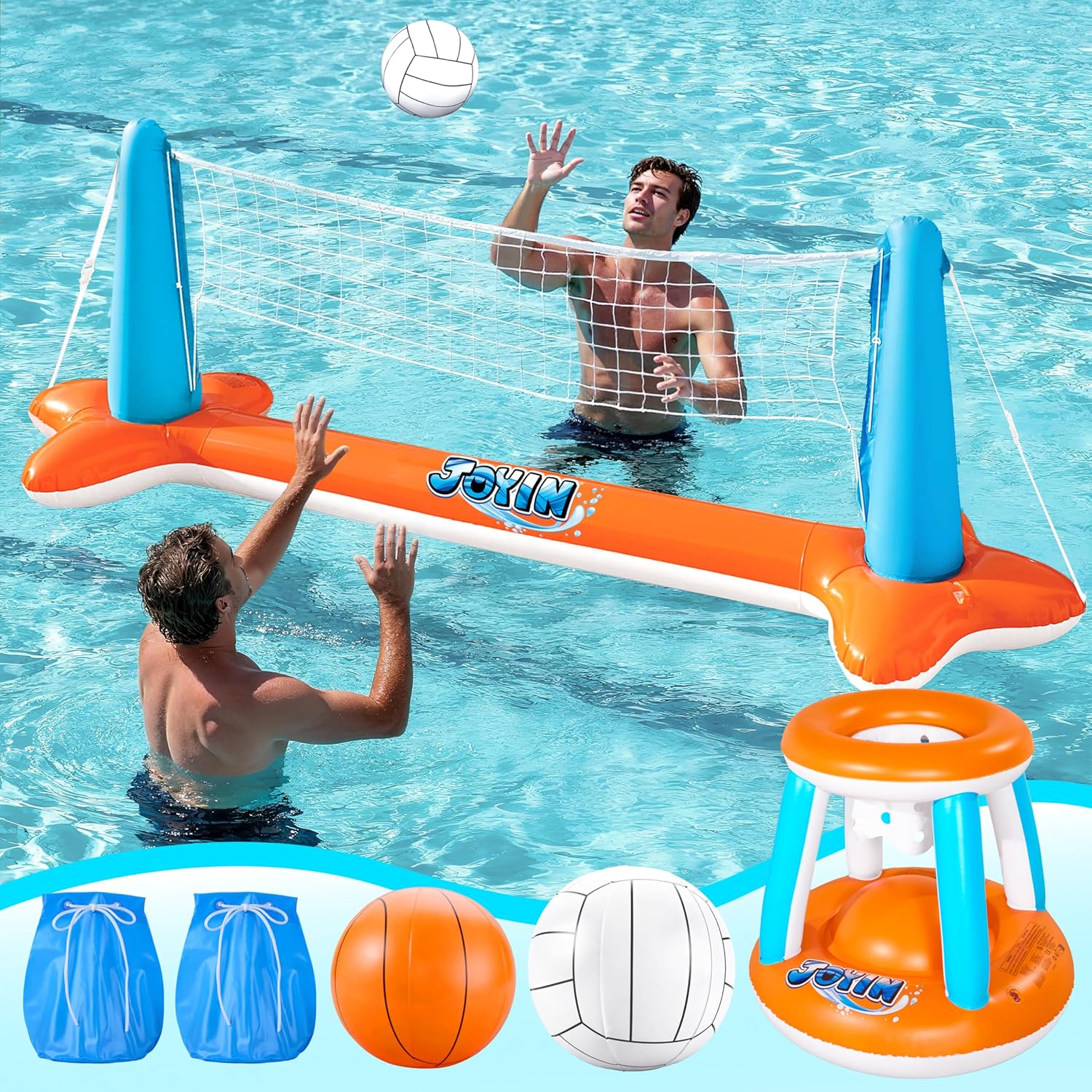Flotteurs de piscine gonflables, filet de volley-ball et panier de basket-ball, jeu de natation flottant pour enfants et adultes, flotteurs d'été, jouets d'été pour les sports aquatiques, orange