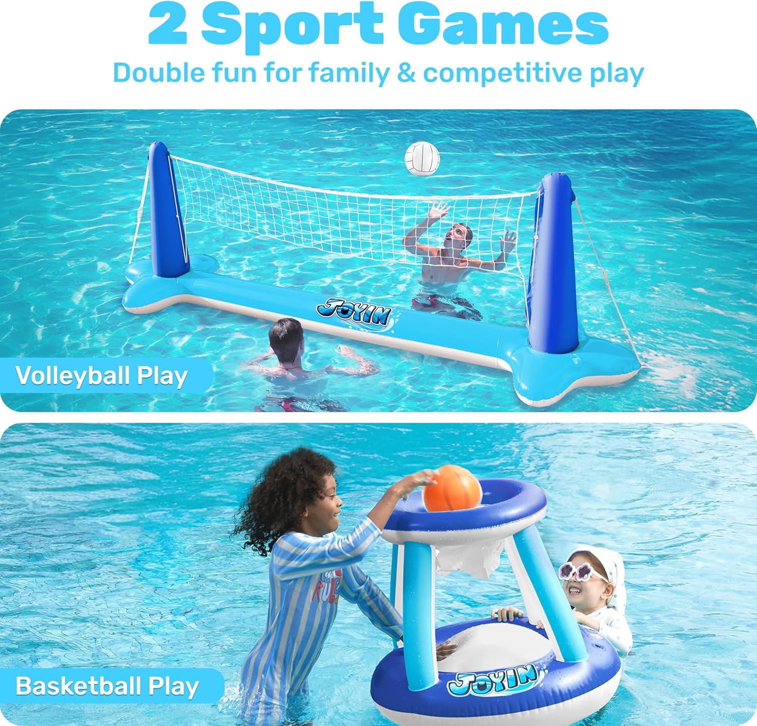 Flotteurs de piscine gonflables, filet de volley-ball et panier de basket-ball, jeu de natation flottant pour enfant/adultes, flotteurs d'été, jouets d'été pour les sports aquatiques, bleu foncé