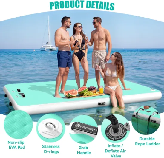 FBSPORT Plateforme Gonflable Flottante - Tapis d’Eau pour Plusieurs Personnes, Île Flottante avec Surface Antidérapante et Sac de Transport, Plateforme de Bain pour Mer, Piscine et Lac Menthe + Blanc 180*150*15cm