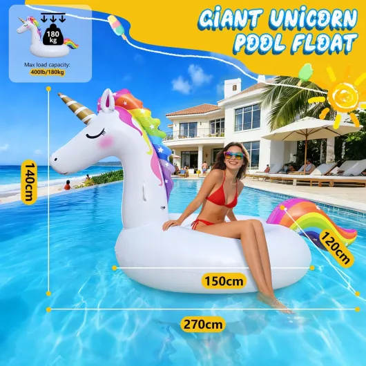 Bouée Licorne, bouée Piscine Adulte Gonflable géante, 2,7m × 1,4m × 1,2m Jouet Matelas pneumatique, Siège de Piscine Gonflable pour Sports Nautiques – Plaisir à la Plage et fête d’été