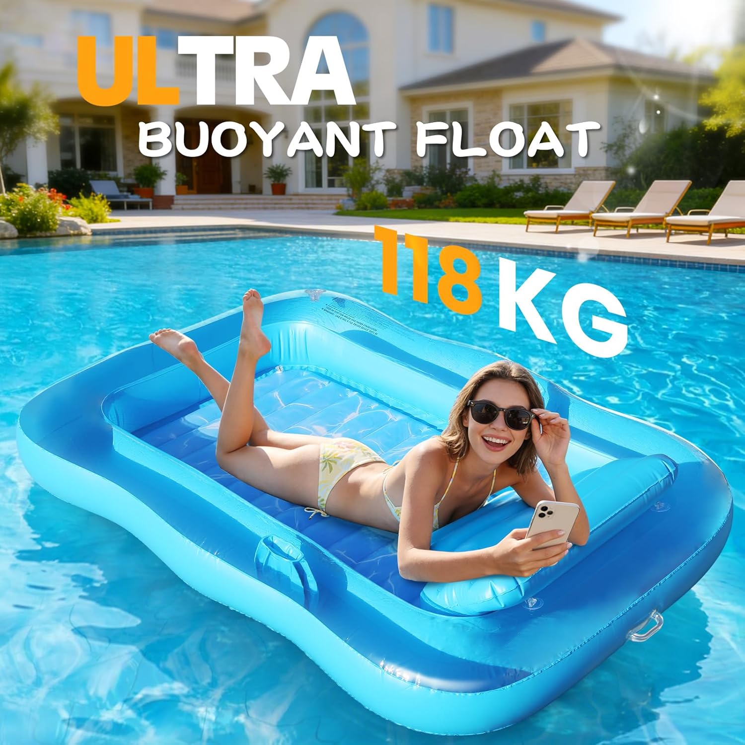 Matelas Gonflable Piscine Adultes, Bouée Piscine Adulte avec Oreiller, Porte-Boisson et Porte-Téléphone, Chaise Fottante de Piscine Gonflable pour Adultes, Bouée Flottante pour Bronzage, Plage