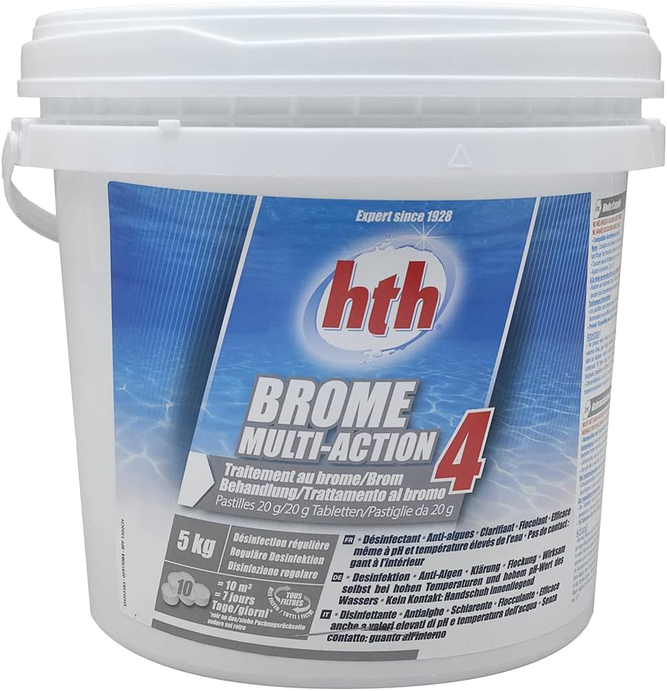 HTH Brome Action 4 Pastilles 20g - 5kg - Brome Lent Multiaction - Désinfection Régulière Multifonction - Dissolution Lente + 10 Tests HPS OFFERTS 6 en 1