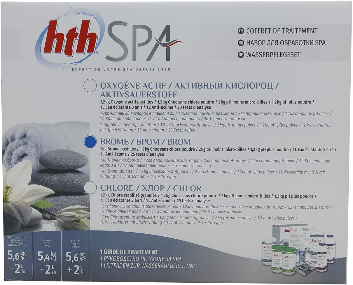 HTH Spa Coffret DE Traitement AU Brome - 7,4kg - Kit Traitement pour Un Entretien Complet - Désinfection Régulière et Choc sans Chlore + 10 Tests HPS OFFERTS 6 en 1