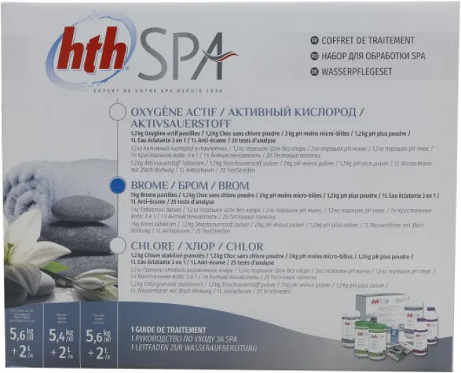 HTH Spa Coffret DE Traitement AU Brome - 7,4kg - Kit Traitement pour Un Entretien Complet - Désinfection Régulière et Choc sans Chlore + 10 Tests HPS OFFERTS 6 en 1
