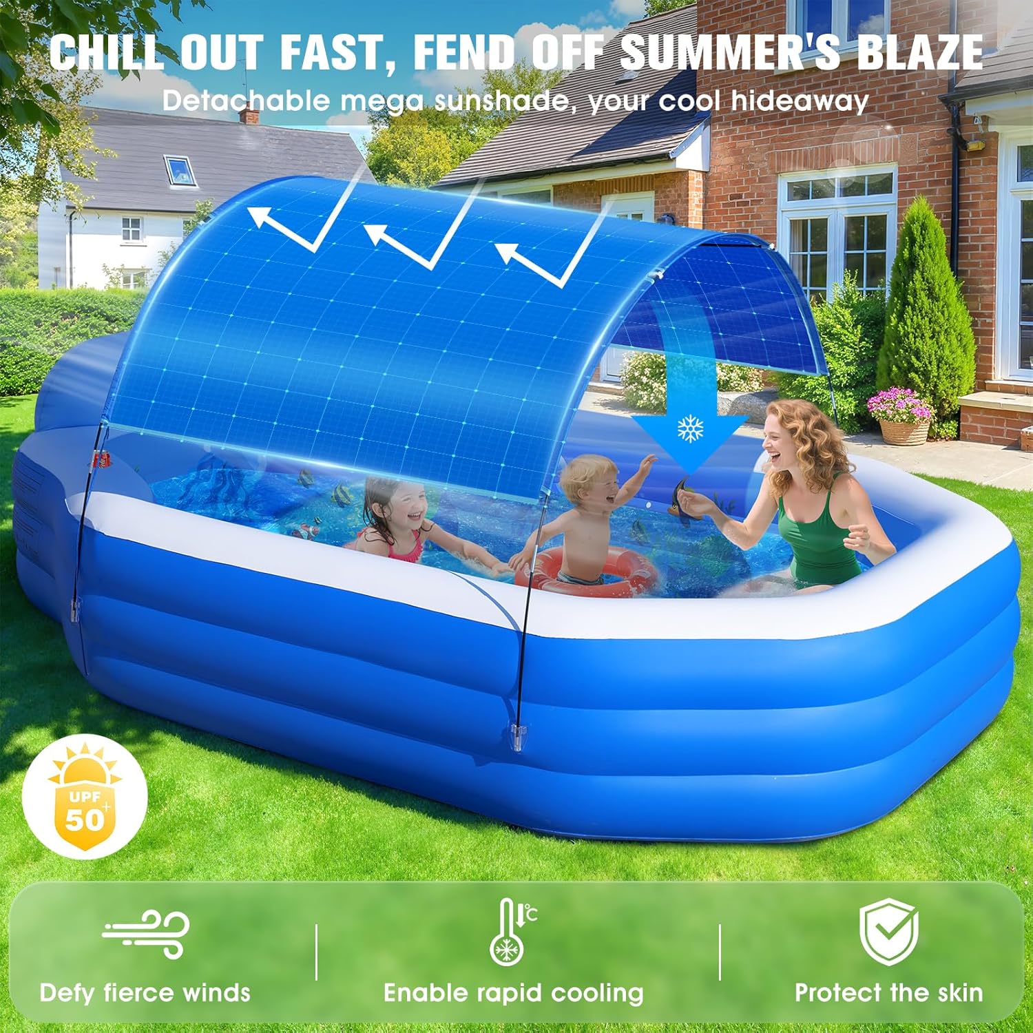 ChlorBlu Piscine Gonflable avec Auvent, 300x190x55cm Grande Piscine Gonflable Adultes, Piscine Rectangulaire Résistantes avec Sièges, Piscine Familiale pour Jardin, Swimming Pool pour Extérieur
