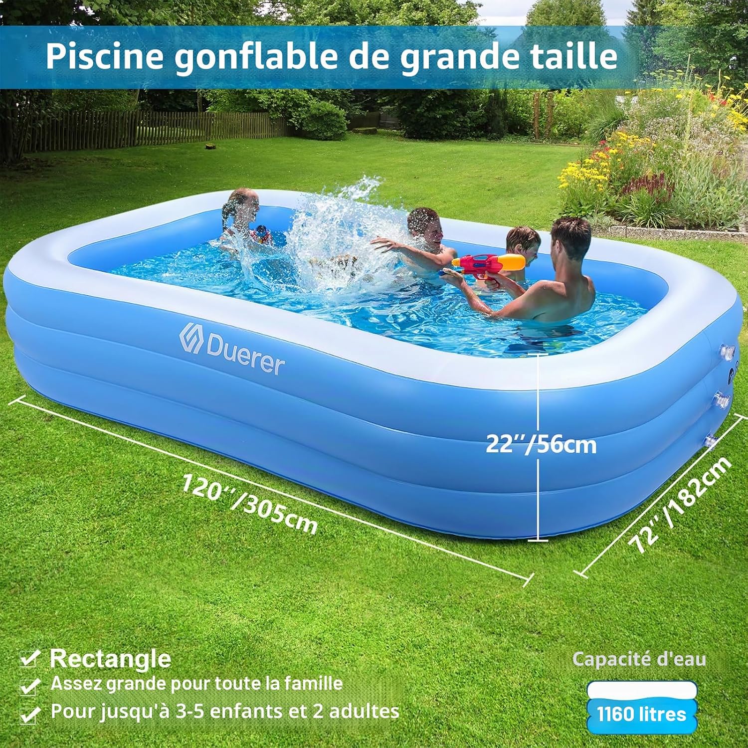 Piscine Gonflable 305cm x 182cm x 56cm, Piscines Gonflables Adulte Rectangulaire, Piscine Enfant Familiale pour Jardin, Extérieur, Balcon fête d'été(Bleu) 305cm x 182cm x 56cm Bleu