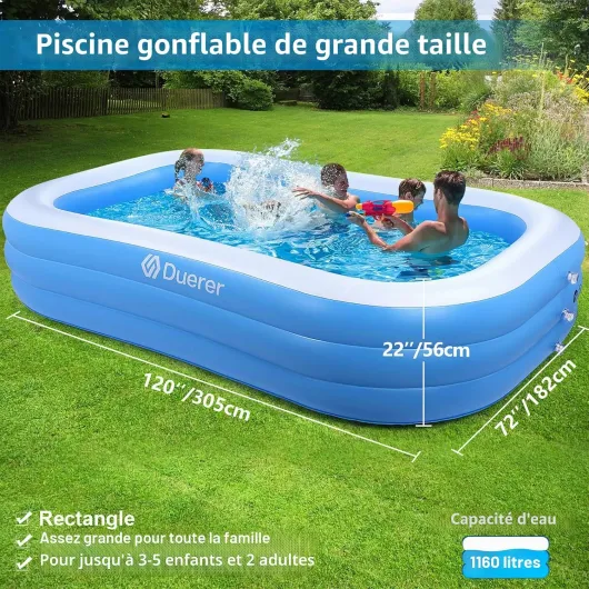 Piscine Gonflable 305cm x 182cm x 56cm, Piscines Gonflables Adulte Rectangulaire, Piscine Enfant Familiale pour Jardin, Extérieur, Balcon fête d'été(Bleu) 305cm x 182cm x 56cm Bleu