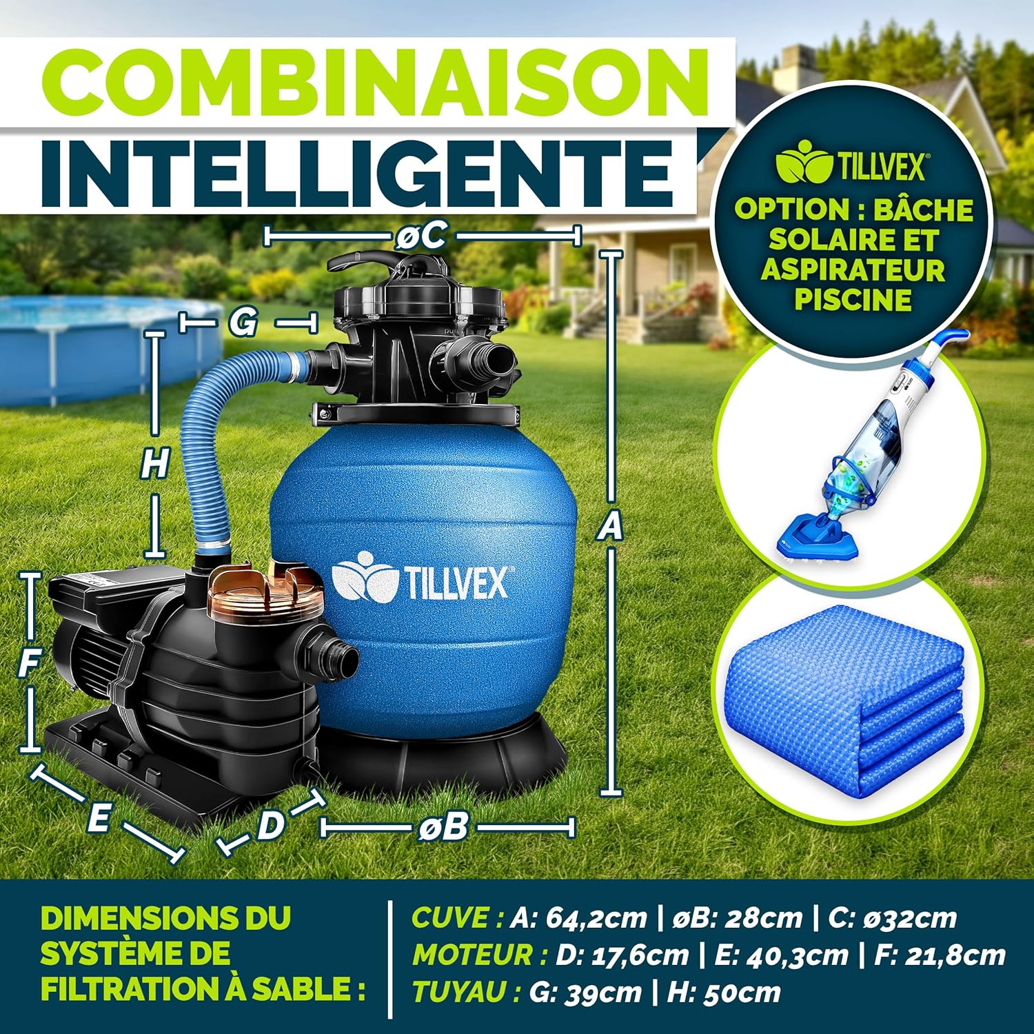 Tillvex Système de Filtre à Sable 10m³/h + 800g Boules de filtre – 7 Fonctions - Filtre de Piscine avec indicateur de pression - Filtre à sable pour bassins & piscines Bleu