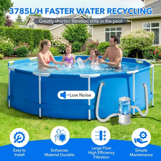 Pompe Filtre Piscine Hors Sol - Pompe de Filtration Débit 3785 L/h Économique 90W, Pompe Piscine avec Filtre à Cartouche Lavable Installation Facile Pour Piscines Jusqu‘à 10m³ Gris