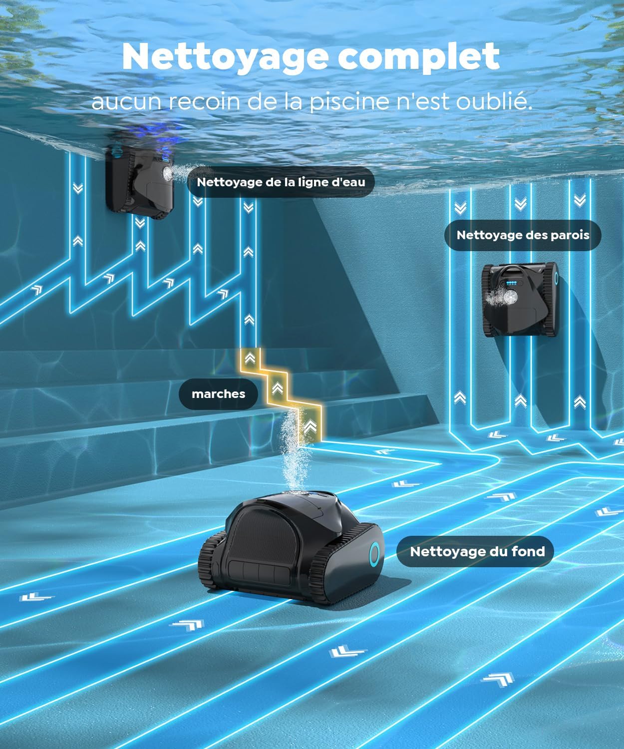C1 Robot Piscine Fond et Parois,Double Filtration,Aspirateur de Piscine, Autonomie 180 Min,3 Moteurs,Forte Aspiration, Contrôle Via App, pour Piscines jusqu'à 150 m²,Noir Mat