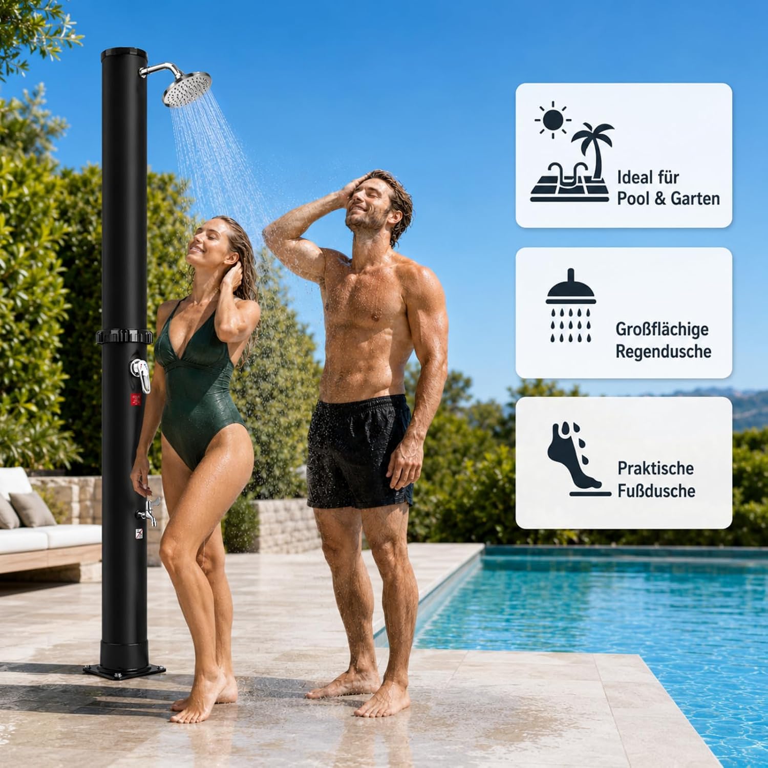 Douche Solaire 35 litres, Douches de Jardin avec Douche Réglable et Robinet, Solaire pour Piscine Douche, Température Maximale de 60°C - Idéal pour Camping, Jardin et Piscine Exterieure 35L-01