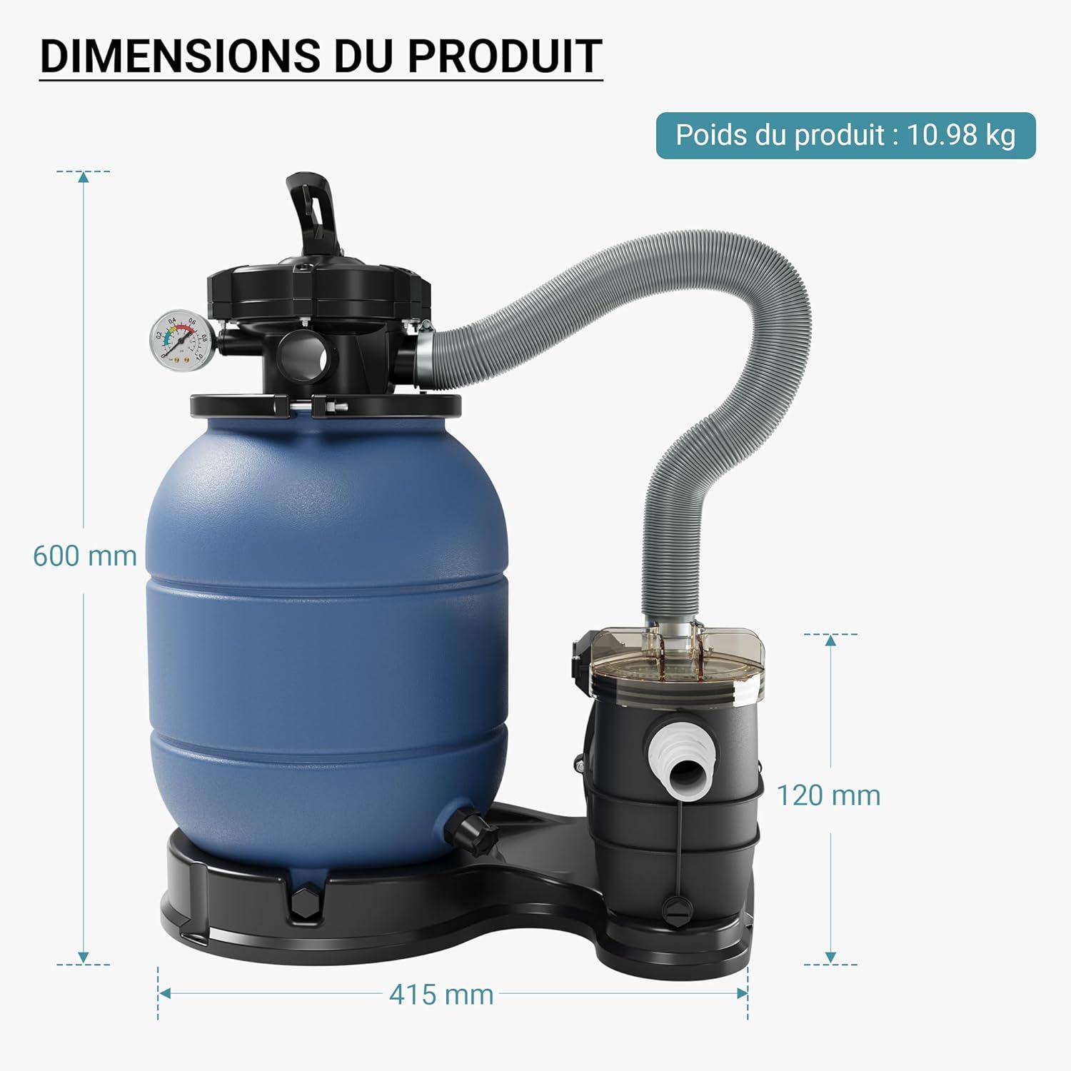 Filtre à sable et particules – 260 W – capacité 21,5 kg – 6000 l/h – avec Vanne 5 positions – Système de filtration avec Pompe de filtrage pour Piscine Swimmingpool avec pompe 21,5 l