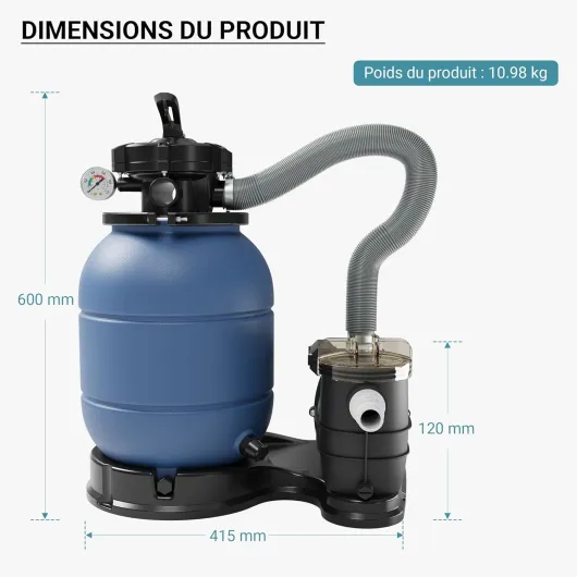 Filtre à sable et particules – 260 W – capacité 21,5 kg – 6000 l/h – avec Vanne 5 positions – Système de filtration avec Pompe de filtrage pour Piscine Swimmingpool avec pompe 21,5 l