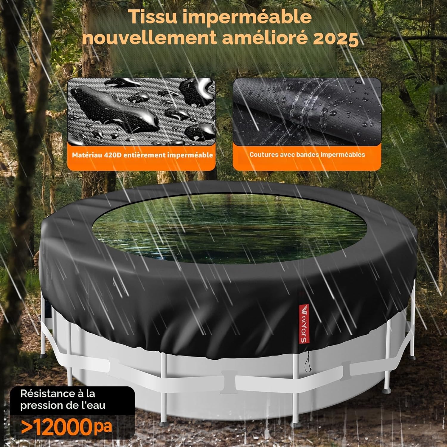 Bache Hivernage Piscine Hors Sol 366, PU 420D éPais Bache Piscine Hivernage, Coupe-Vent et RéSistant aux DéChirures BâChe Hivernage Piscine Hors Sol avec Corde de Traction et Clous de Sol 366 cm (Ronde) Noir
