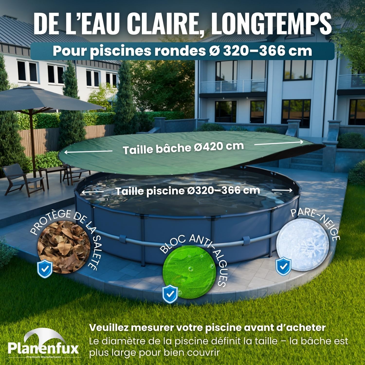 ® Bache Hivernage Piscine Hors Sol Ronde 3.66 - 3m66 Bache Piscine Hivernage été et Hiver en polyéthylène 200g/m² - Bâche de Protection résistante au Chlore & aux UV - Ø420cm 420 cm (Ronde)